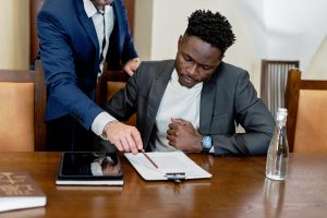 lawyer explaining document to client